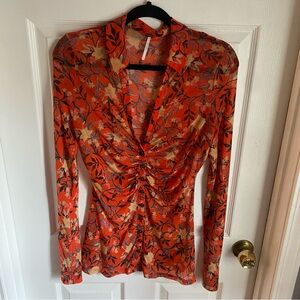 Free People Lucky Shirtee Sheer Orange Floral Mesh Ruched Button Down Shirt S